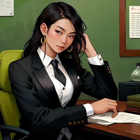 cool guy，handsome，suit and tie，Sit in the office boss chair，closeup cleavage，A half body，no facial hair，Asian people，in her 20s