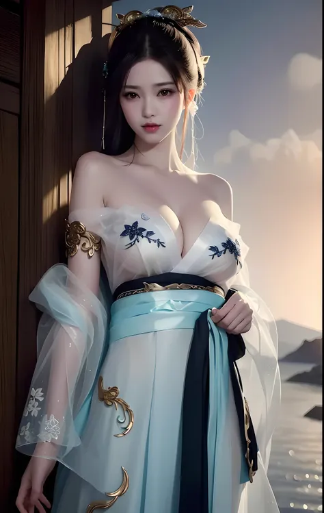 arafed asian woman in a blue and white dress posing for a picture, a beautiful fantasy empress, Palace ， A girl in Hanfu, Japanese goddess, gorgeous chinese models, ((a beautiful fantasy empress)), beautiful fantasy maiden, White Hanfu, beautiful teenage g...