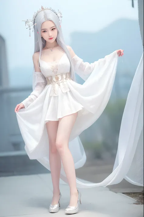 (Best Quality, High Resolution, Masterpiece: 1.3), A Tall and Beautiful Girl, A Loli, Slender Legs, Stand Position, Posing, Small White Shoes, Slender Abs, Silver-White Hair in Loose Wave Styling, Full Body, Ultra Wide Angle, Wrist Ornament, Breasts, Weari...