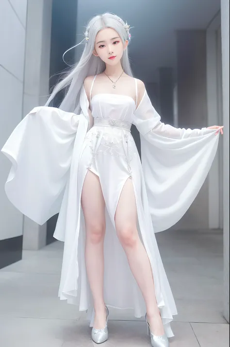 (Best Quality, High Resolution, Masterpiece: 1.3), A Tall and Beautiful Girl, A Loli, Slender Legs, Stand Position, Posing, Small White Shoes, Slender Abs, Silver-White Hair in Loose Wave Styling, Full Body, Ultra Wide Angle, Wrist Ornament, Breasts, Weari...