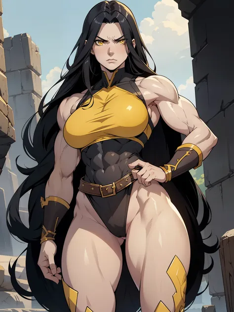 (1girl), black hair, extremely long hair, yellow eyes, (((muscular))), huge breasts, thick thighs, solo, angry, (pale skin), cowboy shot, (gladiator)