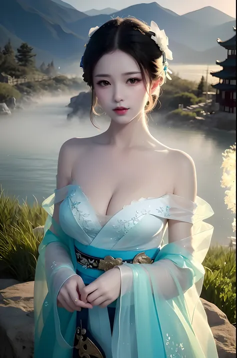 arafed asian woman in a blue and white dress posing for a picture, a beautiful fantasy empress, Palace ， A girl in Hanfu, Japanese goddess, gorgeous chinese models, ((a beautiful fantasy empress)), beautiful fantasy maiden, White Hanfu, Beautiful teenage g...