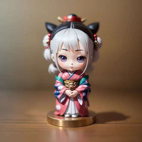 A small anime doll, Depiction of geisha, Inside the blind box, Place on a small pedestal, On a clean white background, Artificial light lighting. The artwork is of top-notch photographic quality, Capture every intricate detail of anime dolls.