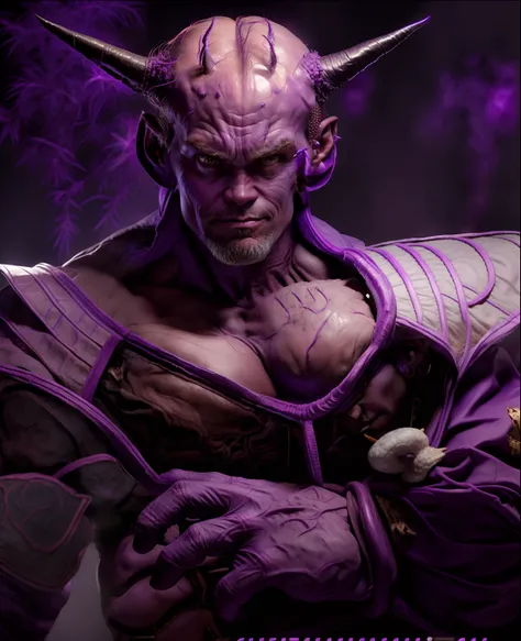 jim carrey cast as a purple alien with purple skin and big black horns, big bald veiny brain, sayan armor