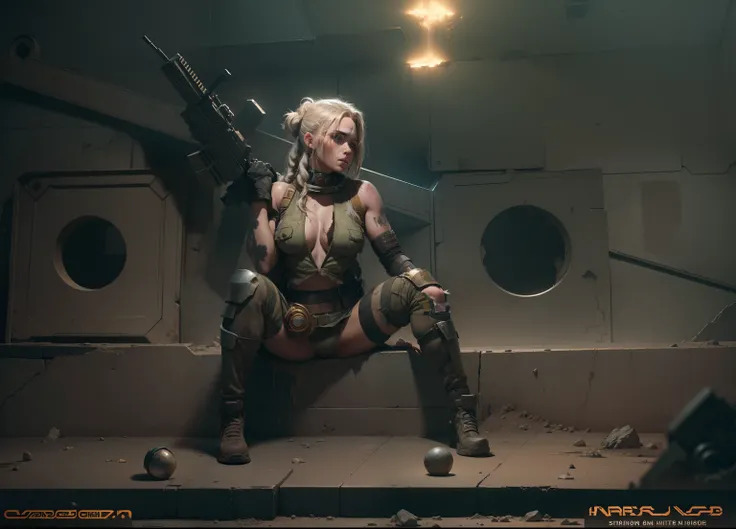 space girl after the battle, cocky, ready to move, dirty grimy, bar lighting, side light, 24k resolution tight barbarian woman in space clothes, camouflage, hyperdetailed, abandoned room background setting on battlefield mars.