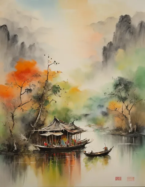 Ultra wide view，a house, a river, flower, boat，traditional chinese painting ,Chinese Ink and wash painting