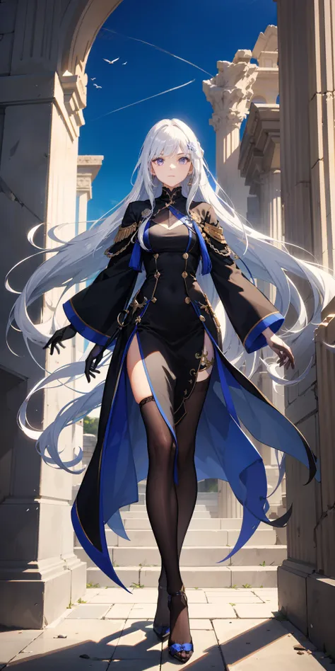 1male people、AS-Adult、Tall，Elegant and slender man，long  white hair，middle parted bangs，long hair flowing，Very Long voluminous Hair，ancient wind，ancientry，Blue-purple eyes