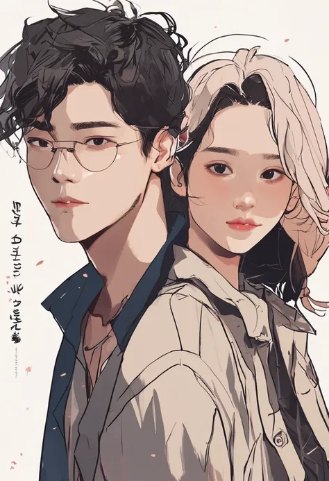 Create an illustration of a Korean man with similarities to Seventeens idol Kim Mingyu, next to a Brazilian girl of Latin descent and short stature. A jovem tem pele parda meio escura, cabelos curtos nos ombros cacheados castanhos, rosto redondo, fleshy li...