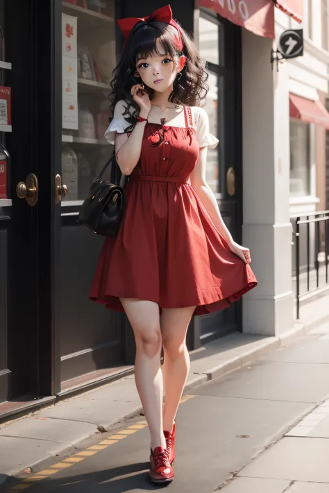 Cute girl, black curly hair,red hair band, red and white dress, red shoes