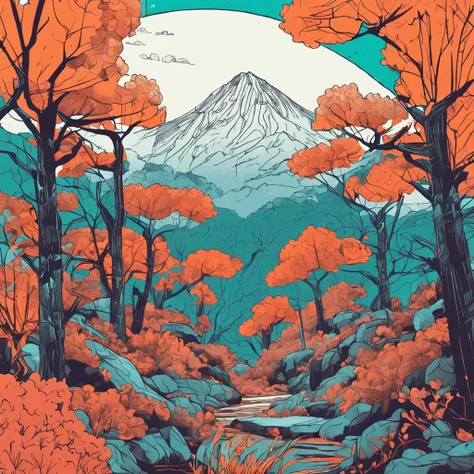 Intricate painting details of a Chinese forest, By range Murata, galaxy in background, Clouds, vivd colour, High contrast, Mountain, vector line art, orange highlights, trending in pixiv, anime concept art, Stick, Mattire, high high quality, Edge to edge, ...