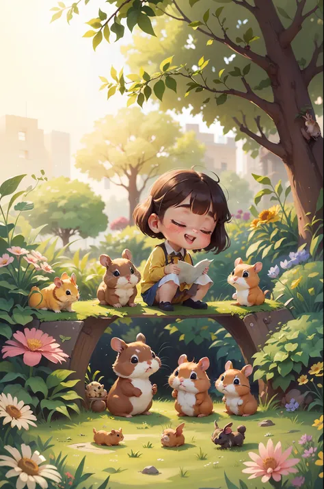 in a beautiful garden，Have a pair of good friends，A small rabbit and a couple of small hamsters。They enjoyed playing and exploring in the garden，Every day was very happy。