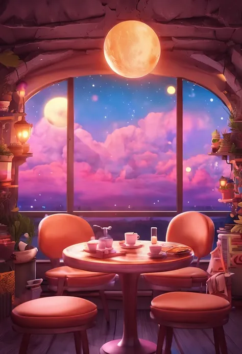 There is a table in the sky，fairy tale style background , Sky planet in the background, Glowing sky skyscape, futuristic room background, interior background art, cafe in the clouds, bedroom background, anime backgrounds