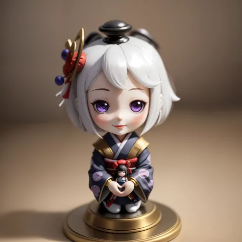 A small anime doll, Depiction of geisha, Inside the blind box, Place on a small pedestal, On a clean white background, Artificial light lighting. The artwork is of top-notch photographic quality, Capture every intricate detail of anime dolls.purpleish colo...