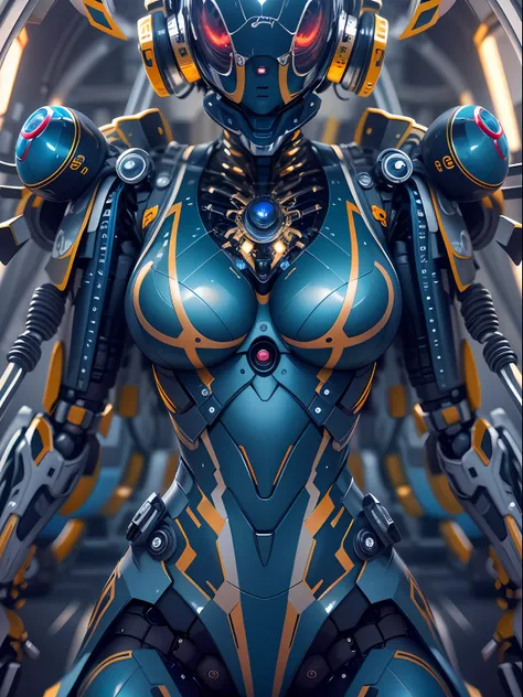 (masutepiece, humanoide robot:1.3), No weapons(Captivating depiction of a robot in the form of a human woman:1.2), Curvaceous(Meticulously crafted to showcase the fusion of technology and aesthetics:1.2), Dark blue titanium frame covers the whole body.、 (H...