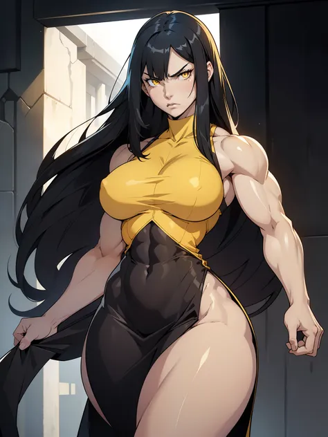 (1girl), black hair, extremely long hair, yellow eyes, (((muscular))), huge breasts, thick thighs, solo, angry, (pale skin), cowboy shot, tight dress