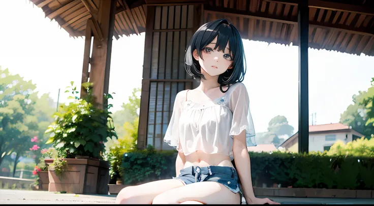 tmasterpiece，best qualtiy，1 girlirl，Short flowing black hair，Camelier top，White and delicate skin，Crop topping，Ultra shorts，Sit on the ground with your legs，Beautiful and delicate face，Elaborate Eyes，Light