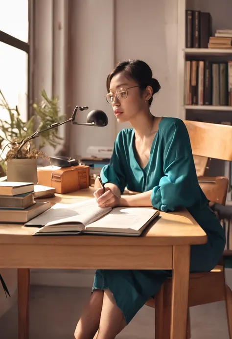 There was a woman sitting at her desk，Holding a book and a pen, a picture by Kim Jeong-hui, iPad electronics display in English, Happening, studying in a brightly lit room, research, studyng in bedroom, trying to study, light academia aesthetic, Studious, ...