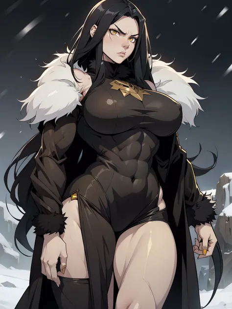 (1girl), black hair, extremely long hair, yellow eyes, (((muscular))), huge breasts, thick thighs, solo, angry, (pale skin), cowboy shot, (fur trim coat), snow