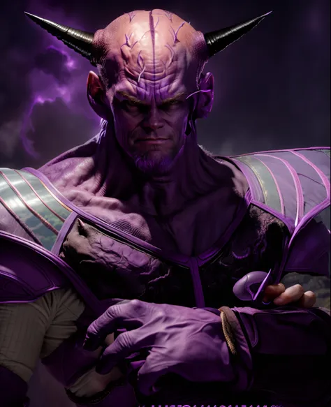 jim carrey cast as a purple bald alien with purple skin and big black horns, big bald veiny brain, sayan armor