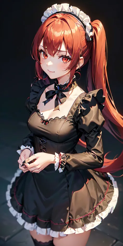 (((Filled anime,Two-dimensional illustration, (red hair with half twin tail), (3/4 eyes), a smile, an 18-year-old girl, cute symmetrical face, black cat ears, red eyes, (Clothes with ruffles, Black lace clothing), Inside Color Green, A girl, full body, A m...