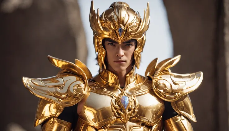 Golden Saint Seiya with golden light，Warrior among warriors，Endured hardships on the battlefield。Dressed in gorgeous gold armor，Beautifully furnished，Show a heroic gesture that is fierce。Lines are clearly visible on the muscular body，Demonstrate perseveran...