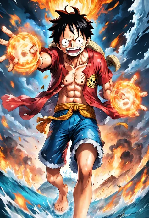 Create an exciting poster with Luffy from "one piece" em um ataque de raiva, cabelo branco, gear 5. Capture the essence of his fiery determination and unyielding spirit as he unleashes his wrath on his enemies. Mantenha-o curto, ousado, e intenso para tran...