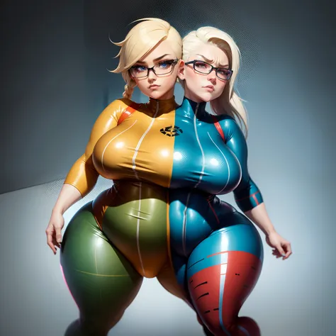 (2heads),A 2D casual game character, the geek transgender  girl character,1man,platinum blonde,redhead,ponytail, chubby,curvy,cute, sad, angry, happy, excited, anxious, happy, laughing, ultra detailed, stylized, skintight suit,high quality digital art,mugs...