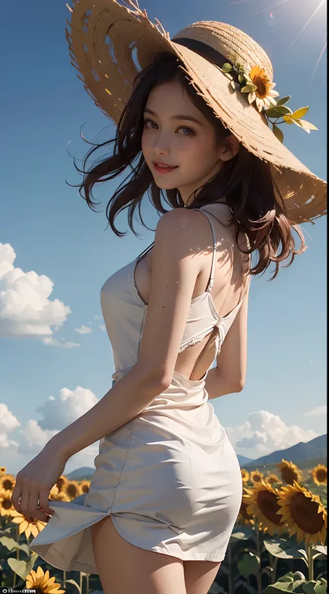 Unbeatable masterpiece, Ultra photo realsisim, Perfect artwork, Intricate details, Best quality, Strong light,High contrast,  Sunflower field , cute kawaii girls ,(Sweat:0.5) , arms back behind , White knee-length camisole dress , Straw hat , Smile,Strong ...