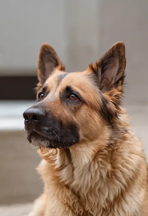 In the image in high resolution and high definition, We can see an adorable wet German shepherd dog after its bath. It is in a bright and spacious environment, onde a luz do sol entra pelas janelas, highlighting the drops of water that still cover your sof...