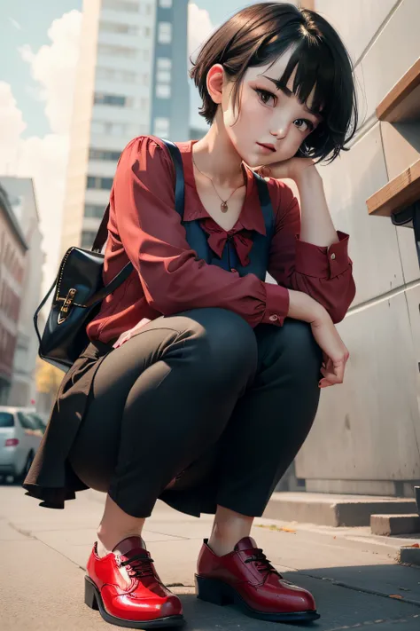 Cute girl with black short hair, red bow, red blouse, black pants and red shoes