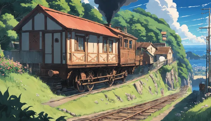 rural village, with locomotive passing by, studio ghibli scenery, perfect, best quality, best art, girl with short brown hair (high detailed:1.4) 8K