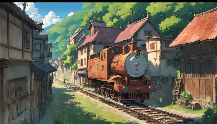 rural village, with locomotive passing by, studio ghibli scenery, perfect, best quality, best art, girl with short brown hair (high detailed:1.4) 8K