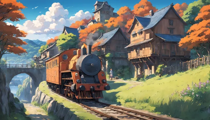 rural village, with locomotive passing by, studio ghibli scenery, perfect, best quality, best art, girl with short brown hair (high detailed:1.4) 8K