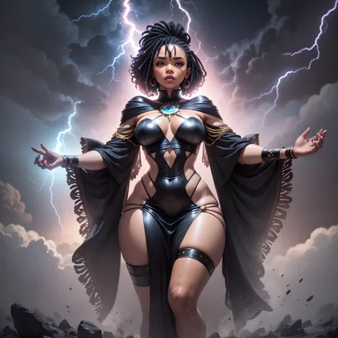 Giant ebony woman a full-body photo of a beautiful black woman floating in the sky among dark clouds with lightning striking around her, Afrofuturista, com luz iridescente, imagens altamente detalhadas, cores vibrantes e bonitas, imagem fotorrealista, 8k, ...