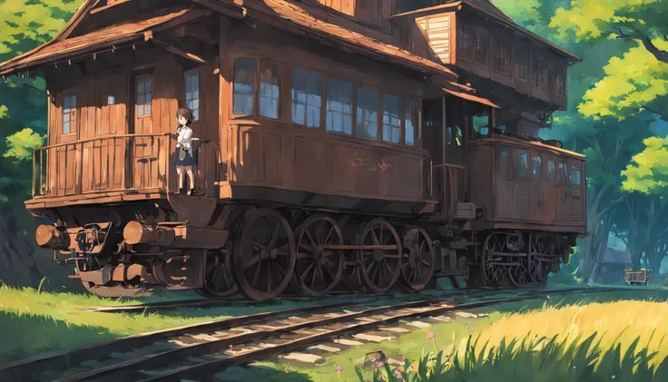 rural village, with locomotive passing by, studio ghibli scenery, perfect, best quality, best art, girl with short brown hair (high detailed:1.4) 8K