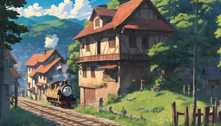 rural village, with locomotive passing by, studio ghibli scenery, perfect, best quality, best art, girl with short brown hair (high detailed:1.4) 8K