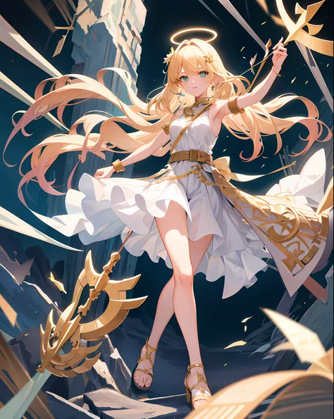 greek clothes, peplos, 1girl, solo, weapon, long hair, bow (weapon), holding, holding bow (weapon), halo, arrow (projectile), holding weapon, gladiator sandals, blonde hair, jewelry, sandals, star (symbol), breasts, bracelet, nail polish, green eyes, toele...