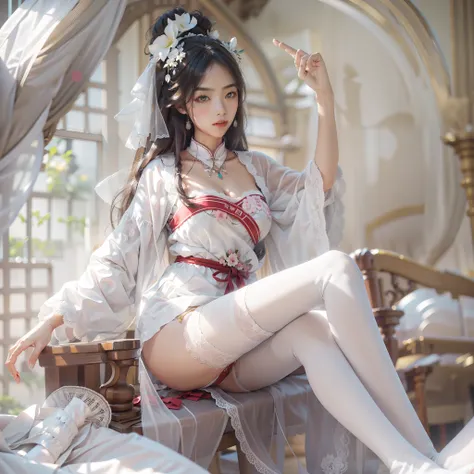 white stockings，It can be seen through the toes，Behind is a seated Chinese beauty