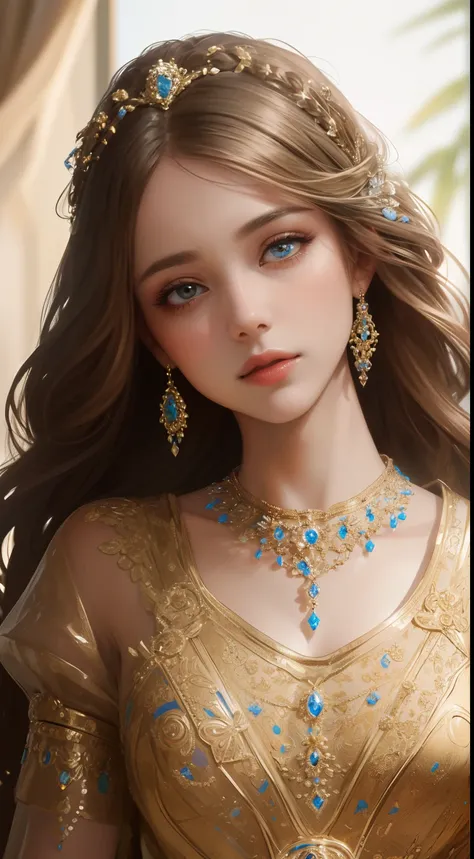 (Ultra-high quality masterpiece，A beautiful bust of a noble maiden，Classical braids，The eyes are shiny and clear，Floral craftsmanship，Crystal jewelry，Ultra-fine details，Soft lighting)