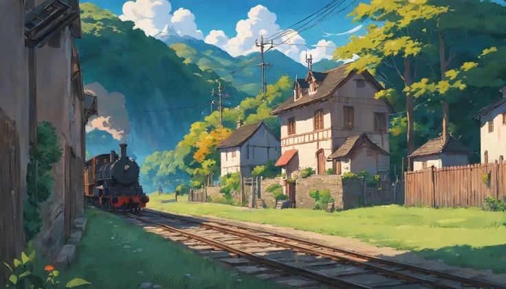 rural village, with locomotive passing by, studio ghibli scenery, perfect, best quality, best art, girl with short brown hair (high detailed:1.4) 8K