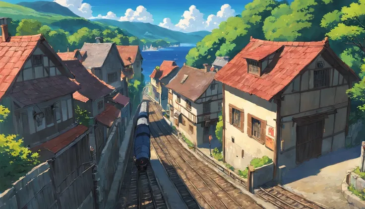 rural village, with locomotive passing by, studio ghibli scenery, perfect, best quality, best art, girl with short brown hair (high detailed:1.4) 8K