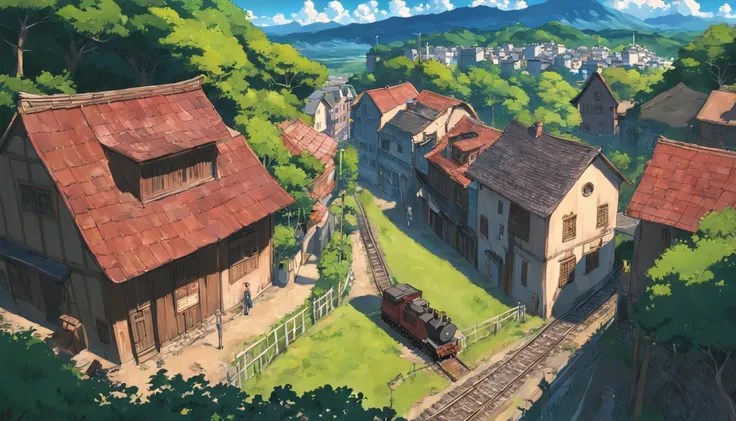 rural village, with locomotive passing by, studio ghibli scenery, perfect, best quality, best art, girl with short brown hair (high detailed:1.4) 8K