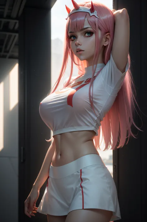 ((Zero Two Darling en el Franxx)),  8k, Obra maestra, La mejor calidad, fotorrealista, Ultra detallado, 1 girl,  textura realista de la piel, senos grandes, Mira hacia el espectador, , Camiseta suelta de medio corte,, Underboobs, debajo de los senos, Micro...