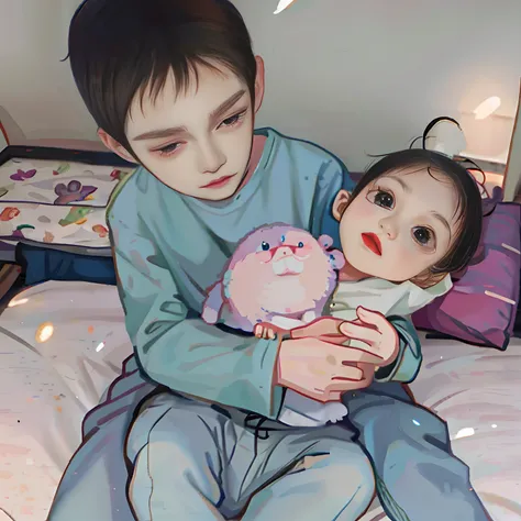 There was a little boy lying on the bed，Holding a doll，Cute Guvitz style digital painting，Detailed digital cartoon drawing art，Cute digital art style，Cartoon digital drawings，Lovely and detailed digital artwork，The style of Loish and Goro Fujita，High-quali...