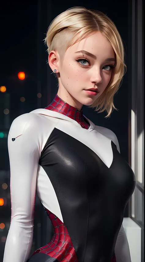 (masterpiece), ((best quality)), parted lips, light_smile, cinematic lighting, ultra-realistic, ((realistic)), (gwen_stacy), blonde_hair, short_hair, solo, sidecut, asymmetrical_hair, parted_lips, eyebrow_piercing, (detailed face), beautiful 1girl, 1girl, ...