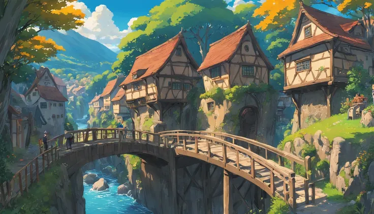 village, bridge and stream, studio Ghibli scenery, perfect, best quality, best art, short brunette (high detail: 1.4) 8K