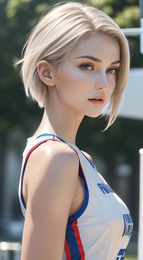 (Masterpiece, best quality, photorealistic, highres, photography, :1.3), close-up shot, sharp focus, (1 girl, European girl, hot model), realistic skin, (slim body shape), short hair with platinum hair color, extremely detailed hair, delicate face, shiny l...