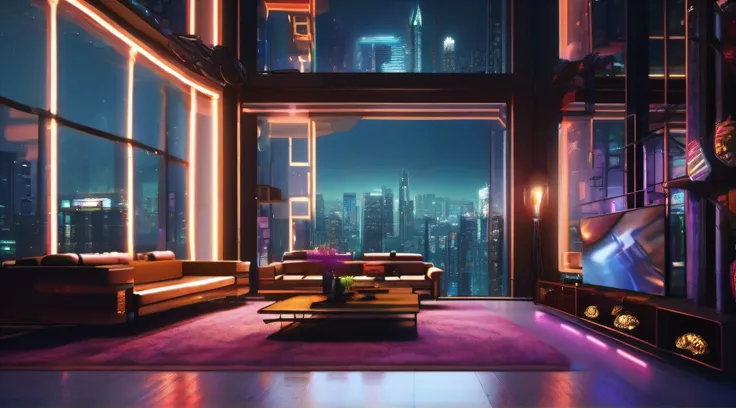 （（tmasterpiece）），（hyper-detailing），（Complicated details），（High resolution CGI artwork 8k），A futuristic cyberpunk living room。Large windows for balcony floor-to-ceiling windows，Busy and colorful、Detailed cyberpunk cityscape。Futuristic style，There are many c...