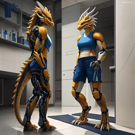 Bionic Mechanical Dragon，Golden Dragon，female，Humanoid，Wear blue shorts，Standing on the porcelain floor of the apartment。HD graphics，Detailed and realistic，high detal，high qulity