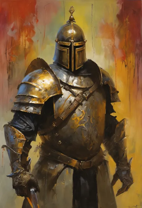 Um homem com uma armadura dourada robusta e pesada com detalhes em dourados, holding a large sword in combat position, with a black Templar helmet with gold details.